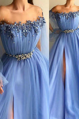Glamorous Off-The-Shoulder Appliques Tulle A-Line Formal Dresses-Dbrbridal