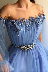 Glamorous Off-The-Shoulder Appliques Tulle A-Line Formal Dresses-Dbrbridal