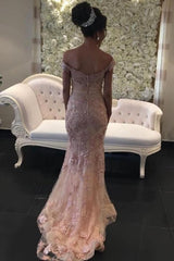 Glamorous Pink Off-the-shouder Prom Dresses Glitter Lace Mermaid Evening Gowns-Dbrbridal