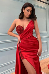 Glamorous Red Slit Prom Dress Long With Sequins Beadings One Shoulder-Dbrbridal