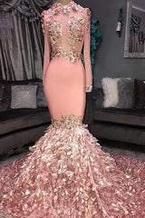 Glamorous Round Neck Flower Long Sleeves Sequins Mermaid Prom Dresses-Dbrbridal