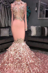 Glamorous Round Neck Flower Long Sleeves Sequins Mermaid Prom Dresses-Dbrbridal