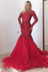 Glamorous Scarlet Long Sleeves Mermaid Prom Dresses Gorgeous Sequins Fit and Flare Formal Dresses-Dbrbridal