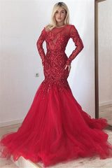 Glamorous Scarlet Long Sleeves Mermaid Prom Dresses Gorgeous Sequins Fit and Flare Formal Dresses-Dbrbridal