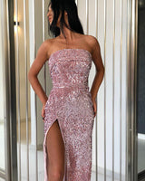 Glamorous Sheath Strapless Sequins Prom Dresses-Dbrbridal