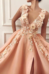 Glamorous Straps V-Neck Flower Appliques A-Line Formal Dresses-Dbrbridal