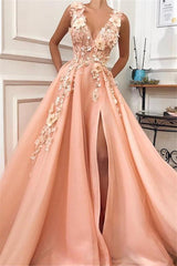 Glamorous Straps V-Neck Flower Appliques A-Line Formal Dresses-Dbrbridal