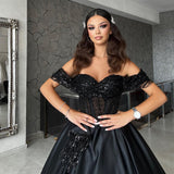 Glamorous Sweetheart Off-the-Shoulder Black Evening Party Gowns with Beads-Dbrbridal