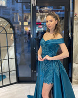 Glamorous Sweetheart Off-the-Shoulder Sheath Ribbon Evening Party Gowns with Appliques-Dbrbridal