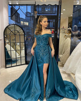 Glamorous Sweetheart Off-the-Shoulder Sheath Ribbon Evening Party Gowns with Appliques-Dbrbridal