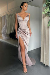 Glamorous V-neck Mermaid Ruched Long Prom Dress High-split-Dbrbridal