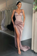 Glamorous V-neck Mermaid Ruched Long Prom Dress High-split-Dbrbridal