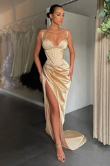 Glamorous V-neck Mermaid Ruched Long Prom Dress High-split-Dbrbridal