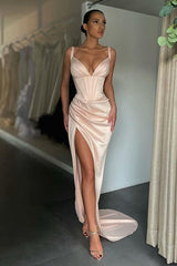 Glamorous V-neck Mermaid Ruched Long Prom Dress High-split-Dbrbridal