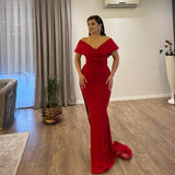 Glamorous V-Neck Off-the-Shoulder Mermaid Ruby Evening Party Gowns Long Slit Online-Dbrbridal