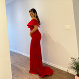 Glamorous V-Neck Off-the-Shoulder Mermaid Ruby Evening Party Gowns Long Slit Online-Dbrbridal