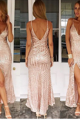 Glamorous V-Neck Sequins Prom Dress Long With Split Sleeveless-Dbrbridal