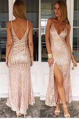 Glamorous V-Neck Sequins Prom Dress Long With Split Sleeveless-Dbrbridal