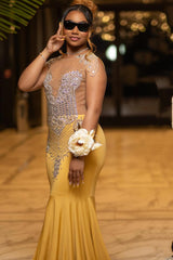 Glamorous Yellow Mermaid Cap Sleeve Crystal Prom Dress-Dbrbridal