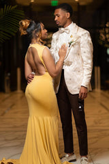 Glamorous Yellow Mermaid Cap Sleeve Crystal Prom Dress-Dbrbridal