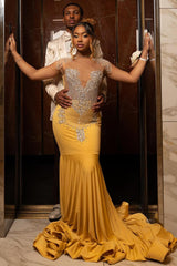 Glamorous Yellow Mermaid Cap Sleeve Crystal Prom Dress-Dbrbridal