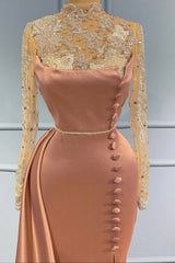 Goegeous Mermaid Evening Dress Lace High-Neck With Buttons Long Sleeves-Dbrbridal