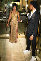 Gold Beaded Halter Mermaid High Split Floor length Prom Dresses-Dbrbridal