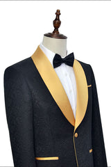 Gold Shawl Lapel One Button Wedding Tuxedo Black Jacquard Prom Suits-Dbrbridal