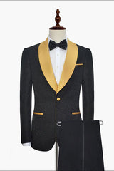 Gold Shawl Lapel One Button Wedding Tuxedo Black Jacquard Prom Suits-Dbrbridal