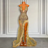 Gold Sleeveless Mermaid Prom Dress with Sequins High Slit and Feather Beadings-Dbrbridal