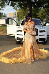 Gold Sweetheart Beaded Sparkles Court Train Flowers Prom Dresses-Dbrbridal