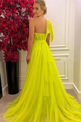 Gorgeous A-Line One-Shoulder Tulle Long Prom Dress With Split-Dbrbridal