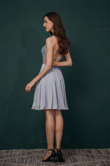 Gorgeous Beadings Silver Party Dress Halter Short Criss-cross Homecoming Dress-Dbrbridal