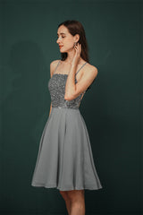 Gorgeous Beadings Silver Party Dress Halter Short Criss-cross Homecoming Dress-Dbrbridal