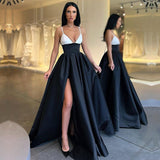 Gorgeous Black and White Prom Dress Long Split Spaghetti-Straps-Dbrbridal