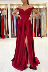 Gorgeous Burgundy Prom Dress Long With Split Off-the-Shoulder-Dbrbridal