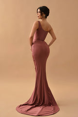 Gorgeous Dusty Rose One-Shoulder Mermaid Prom Dress with Pleats and Split-Dbrbridal