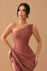 Gorgeous Dusty Rose One-Shoulder Mermaid Prom Dress with Pleats and Split-Dbrbridal