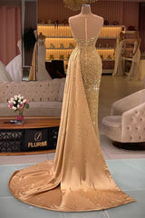 Gorgeous Gold Long Mermaid Sweetheart Sleeveless Evening Prom Dress with Ruffles-Dbrbridal