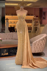 Gorgeous Gold Long Mermaid Sweetheart Sleeveless Evening Prom Dress with Ruffles-Dbrbridal
