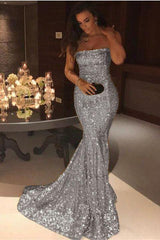 Gorgeous Gold Sequins Mermaid Evening Gowns Chic Strapless Prom Dresses-Dbrbridal