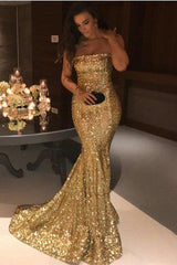 Gorgeous Gold Sequins Mermaid Evening Gowns Chic Strapless Prom Dresses-Dbrbridal