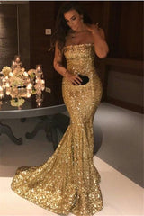 Gorgeous Gold Sequins Mermaid Evening Gowns Chic Strapless Prom Dresses-Dbrbridal
