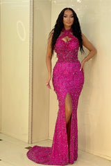 Gorgeous Halter Fuchsia Evening Dress - Mermaid Sleeveless Sequins Party Dress with Slit-Dbrbridal