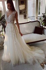 Gorgeous Ivory A-Line Long V-Neck Garden Lace Wedding Dresses-Dbrbridal