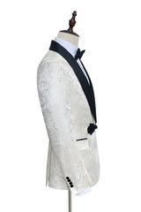 Gorgeous Knitted Button Black Shawl Lapel Three Piece White Jacquard Wedding Tuxedo for Men-Dbrbridal