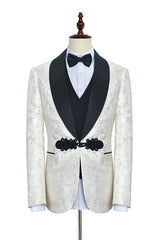 Gorgeous Knitted Button Black Shawl Lapel Three Piece White Jacquard Wedding Tuxedo for Men-Dbrbridal