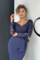 Gorgeous Lace Evening Dress Mermaid V-Neck On Sale Long Sleeve-Dbrbridal