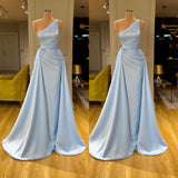 Gorgeous Light Blue Overskirt Soft-pleated Prom Dress One-shoulder-Dbrbridal
