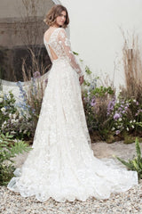 Gorgeous Long A-Line V-neck Lace Wedding Dresses With Long Sleeves-Dbrbridal